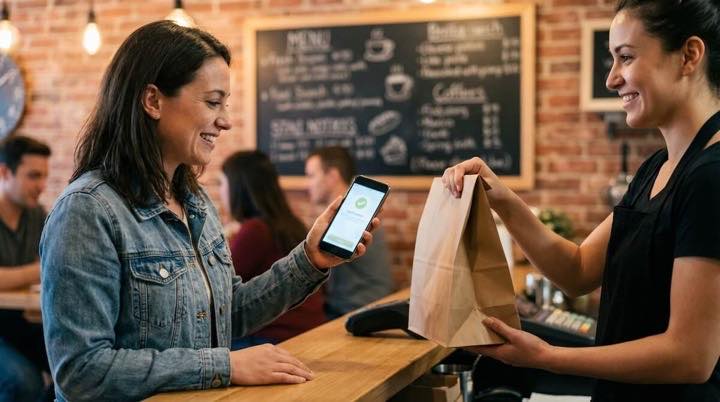 Restaurant guest collecting an in-store pickup order with a phone in hand.